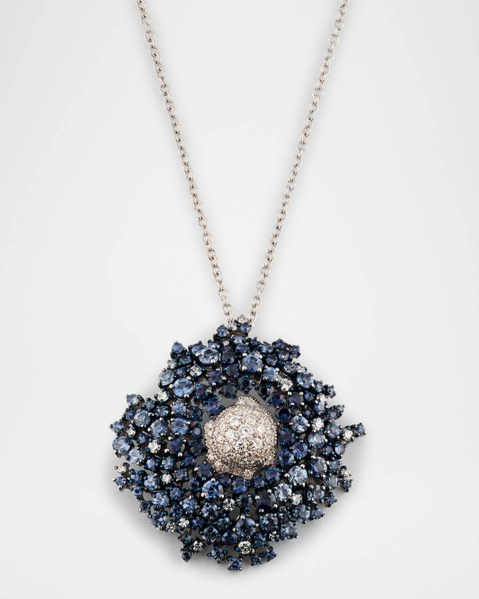 18K White Gold Cluster Pendant Necklace with White Diamonds and Blue Sapphires
